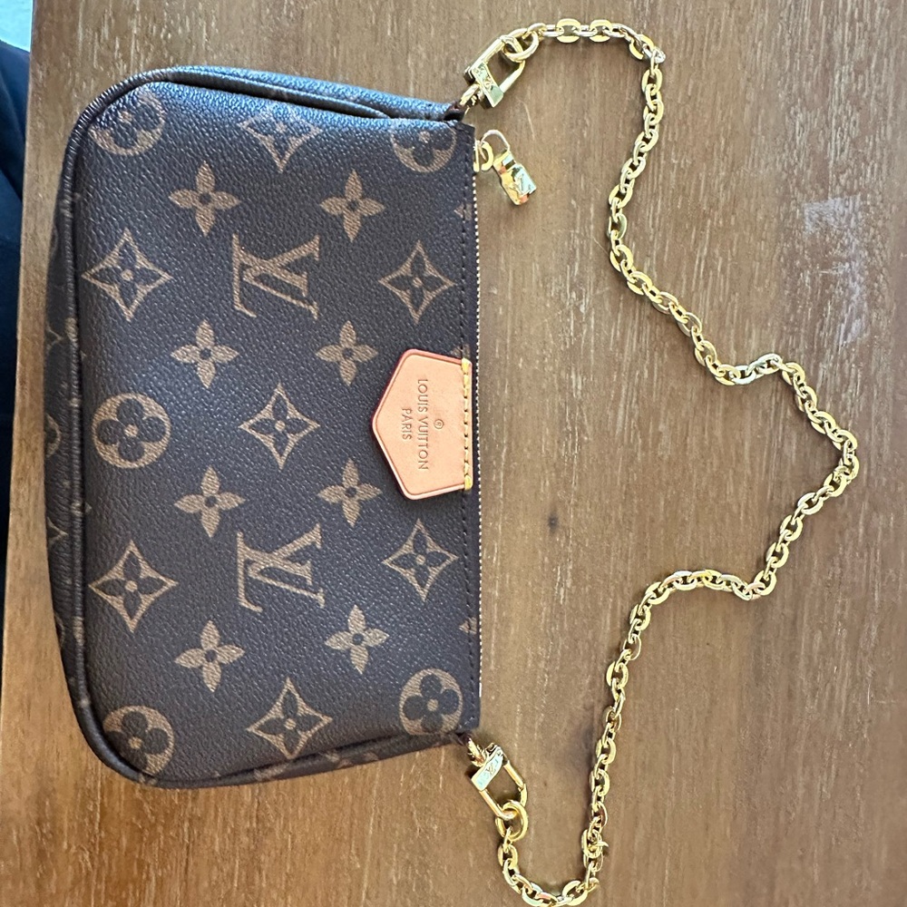 Monogram Brown Pouch with Gold Chain
